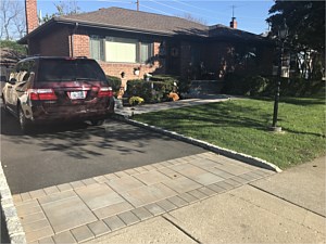 cambridge ledgestone smooth toffee onyx lite ledgestone contemporary modern brick paver walkway asphalt driveway with apron